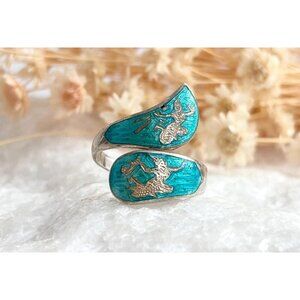 Teal Guilloche Wrap Siam Thai Nielloware 925 Sterling Silver Vintage Ring - sz 7